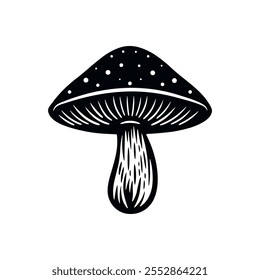 Flat vector hand drawn black and white cartoon Fly Agaric mushroom outline illustration. Amanita Muscaria, Fly Agaric Illustration, Mushrooms. Magic Mushroom Icon, Design Template.