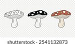 Flat Vector Hand Drawn Cartoon Fly Agaric Mushrooms Outline Illustration. Amanita Muscaria, Fly Agaric Illustration, Mushrooms. Magic Mushroom Icons, Design Template