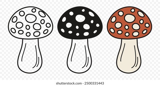 Flat Vector Hand Drawn Cartoon Fly Agaric Mushrooms Outline Illustration. Amanita Muscaria, Fly Agaric Illustration, Mushrooms. Magic Mushroom Icons, Design Template