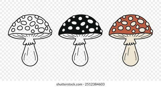 Flat Vector Hand Drawn Cartoon Fly Agaric Mushrooms Outline Illustration. Amanita Muscaria, Fly Agaric Illustration, Mushrooms. Magic Mushroom Icons, Design Template