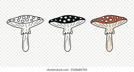 Flat Vector Hand Drawn Cartoon Fly Agaric Mushrooms Outline Illustration. Amanita Muscaria, Fly Agaric Illustration, Mushrooms. Magic Mushroom Icons, Design Template