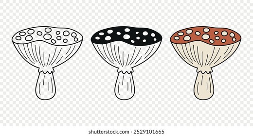 Flat Vector Hand Drawn Cartoon Fly Agaric Mushrooms Outline Illustration. Amanita Muscaria, Fly Agaric Illustration, Mushrooms. Magic Mushroom Icons, Design Template