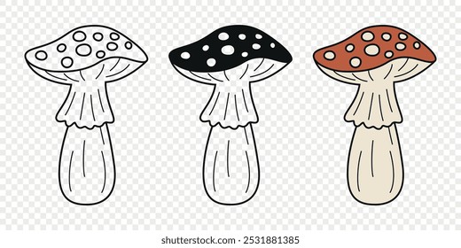 Flat Vector Hand Drawn Cartoon Fly Agaric Mushrooms Outline Illustration. Amanita Muscaria, Fly Agaric Illustration, Mushrooms. Magic Mushroom Icons, Design Template