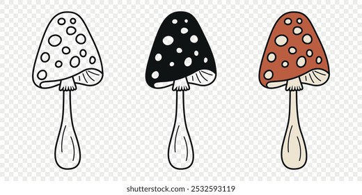 Flat Vector Hand Drawn Cartoon Fly Agaric Mushrooms Outline Illustration. Amanita Muscaria, Fly Agaric Illustration, Mushrooms. Magic Mushroom Icons, Design Template