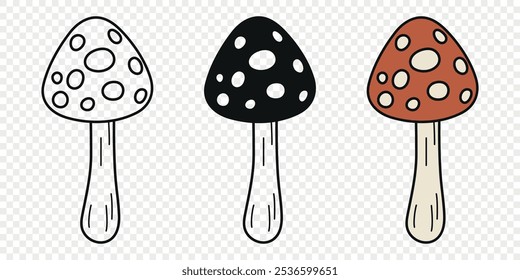 Flat Vector Hand Drawn Cartoon Fly Agaric Mushrooms Outline Illustration. Amanita Muscaria, Fly Agaric Illustration, Mushrooms. Magic Mushroom Icons, Design Template