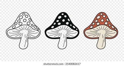 Flat Vector Hand Drawn Cartoon Fly Agaric Mushrooms Outline Illustration. Amanita Muscaria, Fly Agaric Illustration, Mushrooms. Magic Mushroom Icons, Design Template