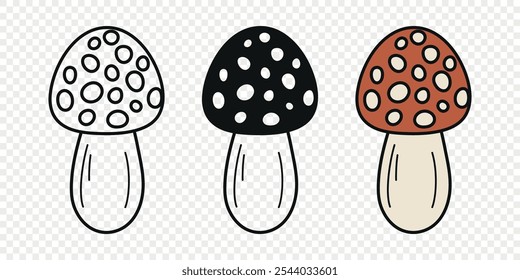 Flat Vector Hand Drawn Cartoon Fly Agaric Mushrooms Outline Illustration. Amanita Muscaria, Fly Agaric Illustration, Mushrooms. Magic Mushroom Icons, Design Template