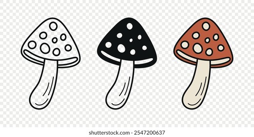 Flat Vector Hand Drawn Cartoon Fly Agaric Mushrooms Outline Illustration. Amanita Muscaria, Fly Agaric Illustration, Mushrooms. Magic Mushroom Icons, Design Template