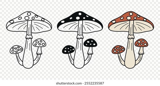 Flat Vector Hand Drawn Cartoon Fly Agaric Mushrooms Outline Illustration. Amanita Muscaria, Fly Agaric Illustration, Mushrooms. Magic Mushroom Icons, Design Template