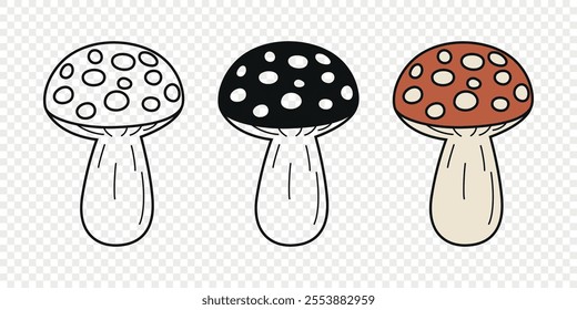 Flat Vector Hand Drawn Cartoon Fly Agaric Mushrooms Outline Illustration. Amanita Muscaria, Fly Agaric Illustration, Mushrooms. Magic Mushroom Icons, Design Template