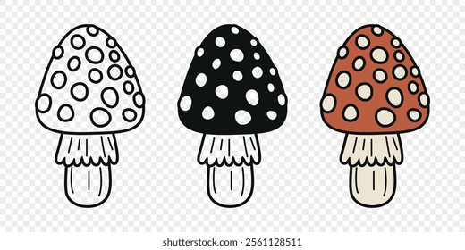 Flat Vector Hand Drawn Cartoon Fly Agaric Mushrooms Outline Illustration. Amanita Muscaria, Fly Agaric Illustration, Mushrooms. Magic Mushroom Icons, Design Template