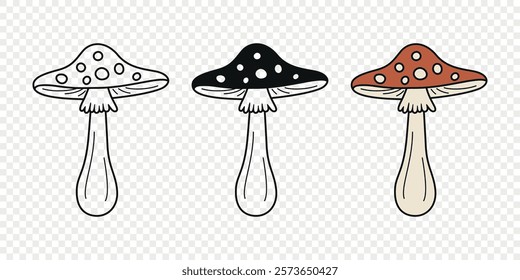 Flat Vector Hand Drawn Cartoon Fly Agaric Mushrooms Outline Illustration. Amanita Muscaria, Fly Agaric Illustration, Mushrooms. Magic Mushroom Icons, Design Template