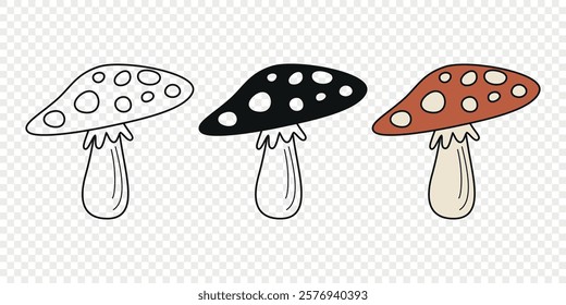 Flat Vector Hand Drawn Cartoon Fly Agaric Mushrooms Outline Illustration. Amanita Muscaria, Fly Agaric Illustration, Mushrooms. Magic Mushroom Icons, Design Template