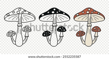 Flat Vector Hand Drawn Cartoon Fly Agaric Mushrooms Outline Illustration. Amanita Muscaria, Fly Agaric Illustration, Mushrooms. Magic Mushroom Icons, Design Template