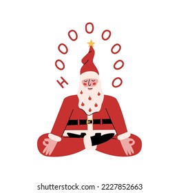 Vector plano dibujado a mano por Santa Claus meditando. El yoga de Lotus está aislado en un fondo blanco