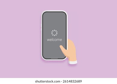 Flat vector of hand holding smartphone with welcome loading screen, onboarding UI concept illustration.