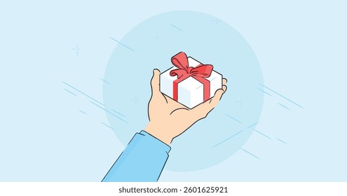 Flat vector of a hand holding a white gift box tied with a red bow, representing gift-giving.
