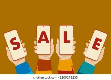 Flat vector hand with phone. Hand holding mobile phone with screen with SALE letters on it. online shopping concept in application. suitable for digital store promotion, web and advertising