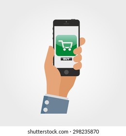 Flat Vector Hand with a Phone. Stylized Icon for Mobile Application