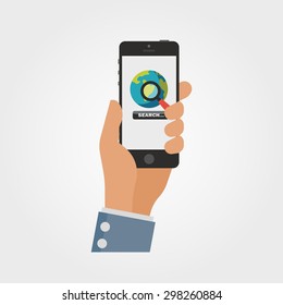 Flat Vector Hand with a Phone. Stylized Icon for Search Application
