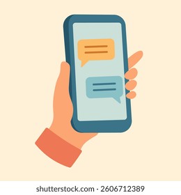 Flat vector of hand with smartphone screen showing chat bubbles, symbolizing texting, online communication, and messaging.