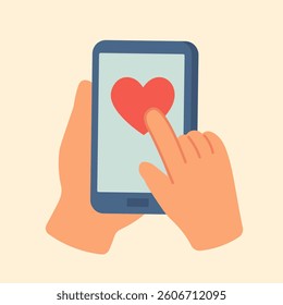 Flat vector of hand tapping heart on phone screen, symbolizing online like, support, and emotional reaction.