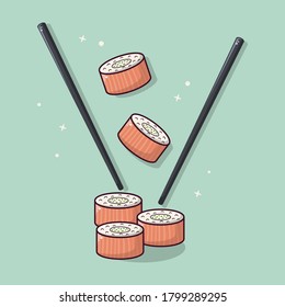 Flat vector hand-drawn sushi illustration. Salmon sushi with sticks.