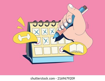 Flat vector hands with calendar. Hands hold a pen and write a list. Speech bubbles with icon on color background. Drawing in retro style.