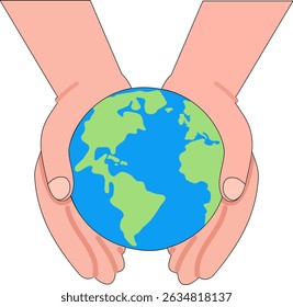 Flat vector of hands holding earth symbolizing care and sustainability for world environment day
