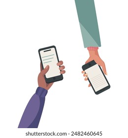 Flat Vector Hands Holding Smartphones, Showing Chat Message Notifications. Mobile Phone Concept Background. SMS Bubbles on Cell Phone Screen. People Chatting. Vector Illustration