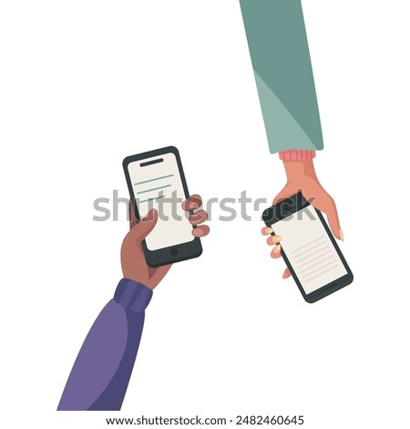 Flat Vector Hands Holding Smartphones, Showing Chat Message Notifications. Mobile Phone Concept Background. SMS Bubbles on Cell Phone Screen. People Chatting. Vector Illustration