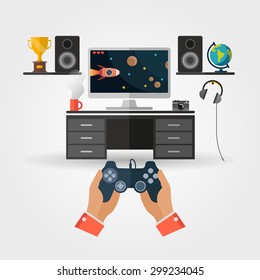 Flat Vector Hands with Joystick. Stylized Game Illustration