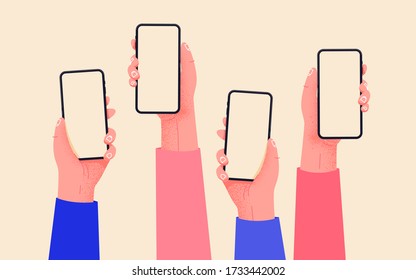 Flat vector hands with phones. Hands holding phones with empty screens mock up. Social media interaction. Social network communication on mobile app. Home office with your phone. Buy online easily.