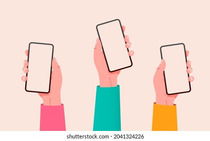 Flat vector hands with phones. Hands holding phones with empty screens mock up. Social media interaction. Social network communication on mobile app.