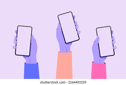 Flat vector hands with phones. Hands holding phones with empty screens mock up. Social media interaction. Social network communication on mobile app.