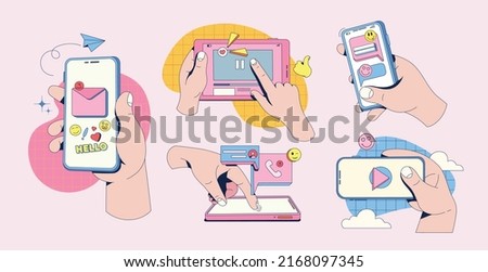 Flat vector hands with phones. Hands holding phones and tablet in different view. Speech bubble with icon app. Background in retro style with modern drawing. Illustration social network in your phone.
