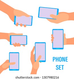 Flat vector hands with phones. Stylized icons for mobile applications. Vector illustration.