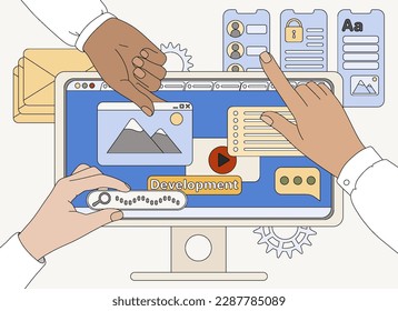 Flat vector hands of programmers working on website, banner, coding web page or mobile app. Team of designers create ux design, holding ui template. Cms development. Landing page and research concept.