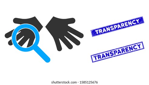 Flat vector hands tranparency pictogram and rectangular Transparency seal stamps. A simple illustration iconic design of Hands Tranparency on a white background.