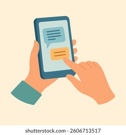 Flat vector of hands using smartphone with chat bubbles, symbolizing texting, communication, and online messaging. - Powered by Shutterstock - Get 15% off with code: PIKWIZARD15