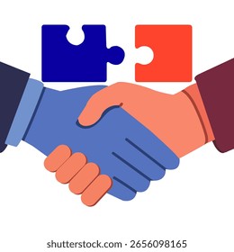 Flat vector handshake with puzzle pieces symbolizing partnership, collaboration, and teamwork