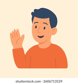 Flat vector of happy boy with raised hand, showing greeting, friendliness, and online interaction.