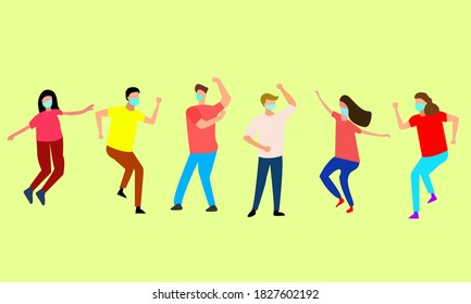 flat vector of happy and dancing people wearing mask