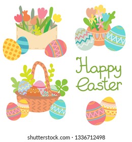 Flat vector happy easter decorative colored eggs with spring flowers, basket and mail, letter. With hand drawn lettering. Easter collection, set