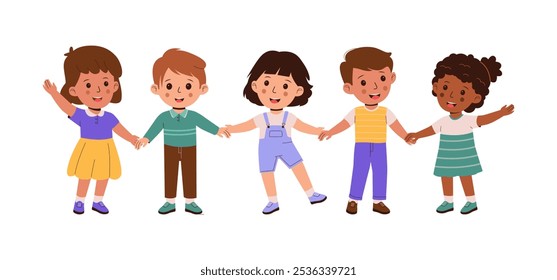 Vetor plano da amizade feliz de crianças de mãos dadas. Ilustração de vetor na moda plana