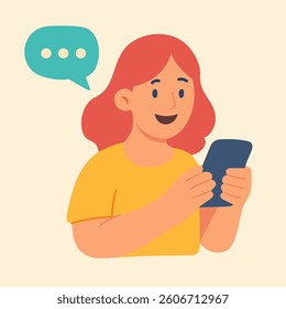 Flat vector of happy girl using smartphone with message bubble, symbolizing online chat and communication.