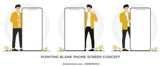 Flat vector happy man showing blank space phone boards