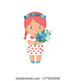 Flat vector happy red hair kid with field flowers bouquet. White background. Girl on summer vacations spends time in countryside. 