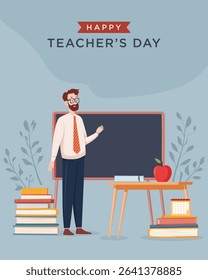 Flat Vector Happy Teachers Day Illustration with Chalkboard Books Apple and Calendar