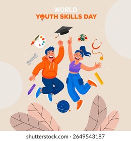 Flat vector of happy youth celebrating World Youth Skills Day with education and skill icons. Bright, cheerful, and ideal for youth empowerment or education themes.